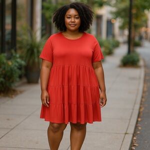 NWT Younrui Coral Tiered Midi Dress – 4XL – Soft Ruffled Style with Tie Waist